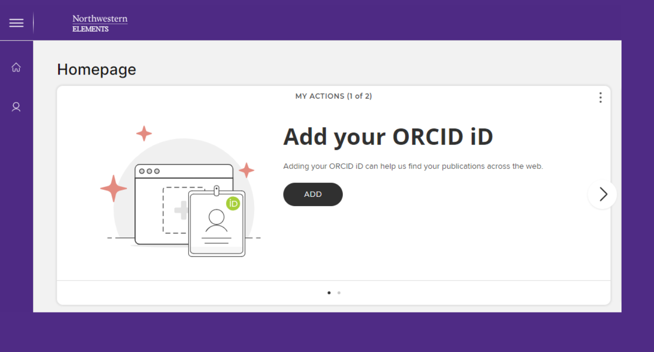 Screenshot of Northwestern Elements Dashboard with a user prompt: "Add your ORCID iD"